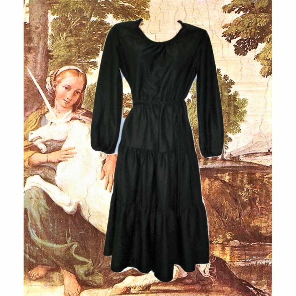 1970s Vintage Black Boho Goth Midi Dress Belt Size Extra Small Xs